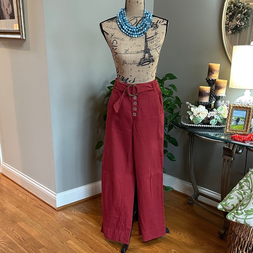 Anthropologie High Rise Button Fly Cassidy Brick Red Wide Leg Pants size 4